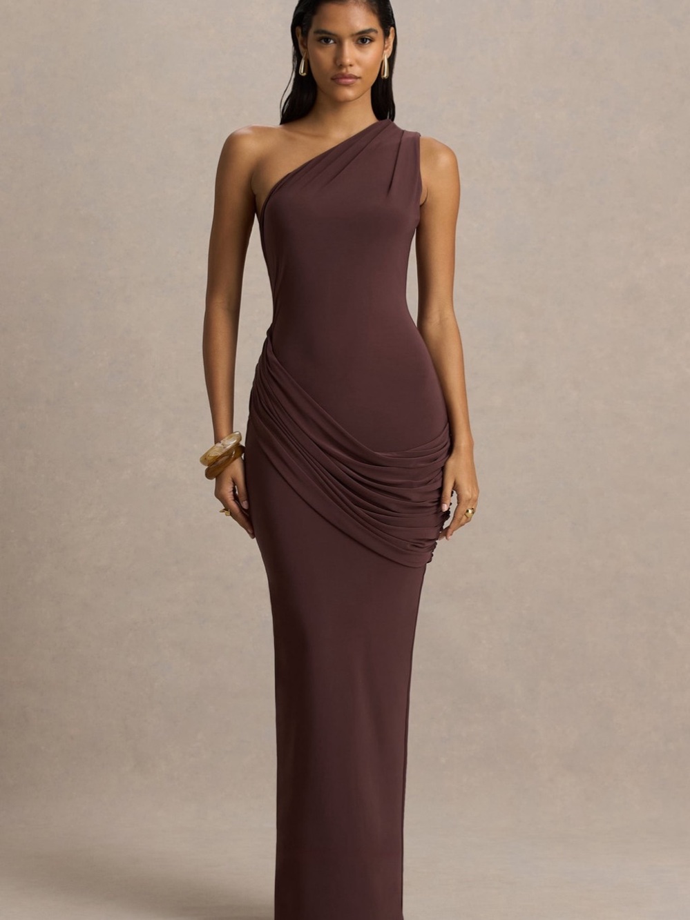 ELISA - BROWN ASYMMETRIC-NECK MAXI DRESS WITH OPEN-BACK AND RUCHED DETAILING
